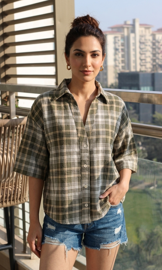Olive Check Cropped Shirt