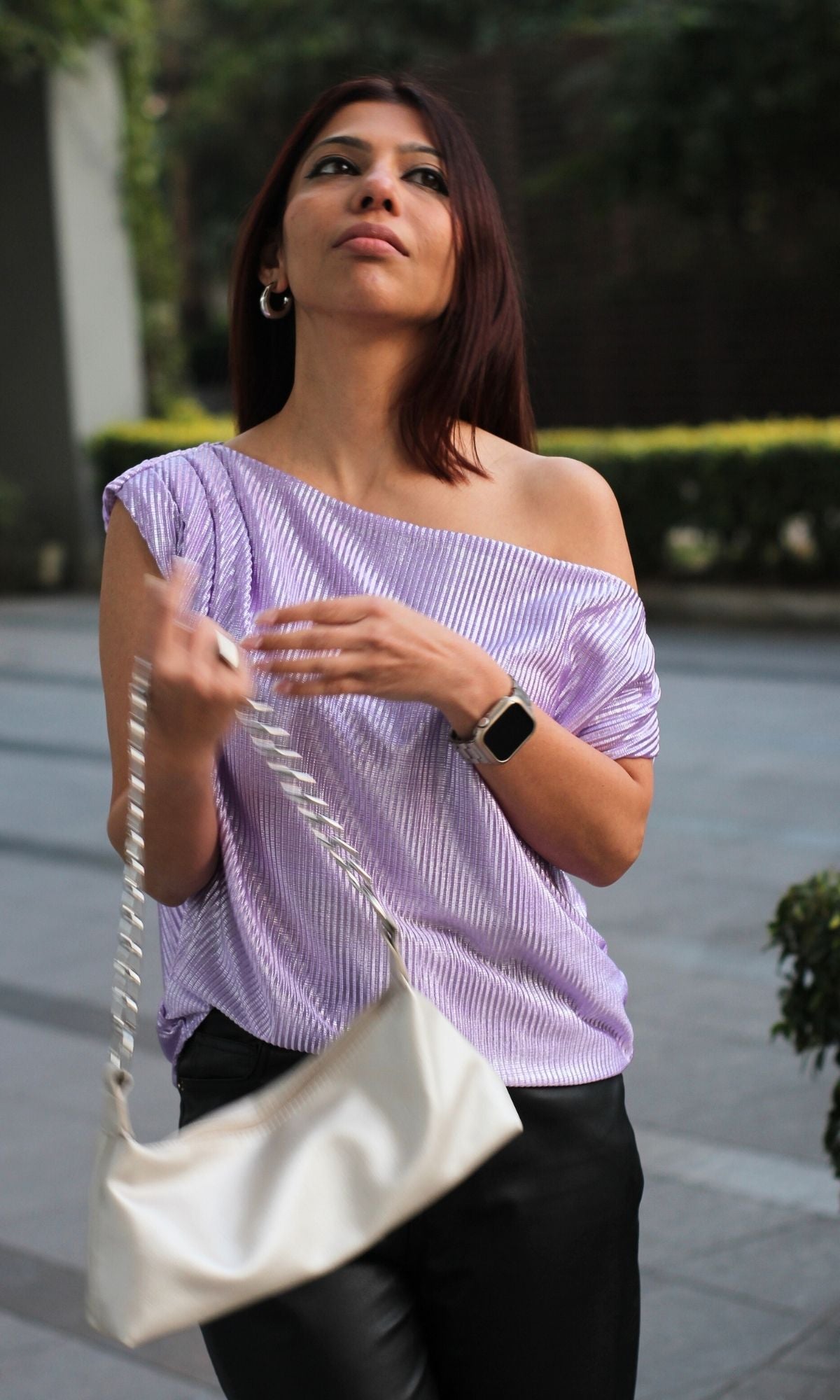 Lavender Shimmer Pleated One-Shoulder Top