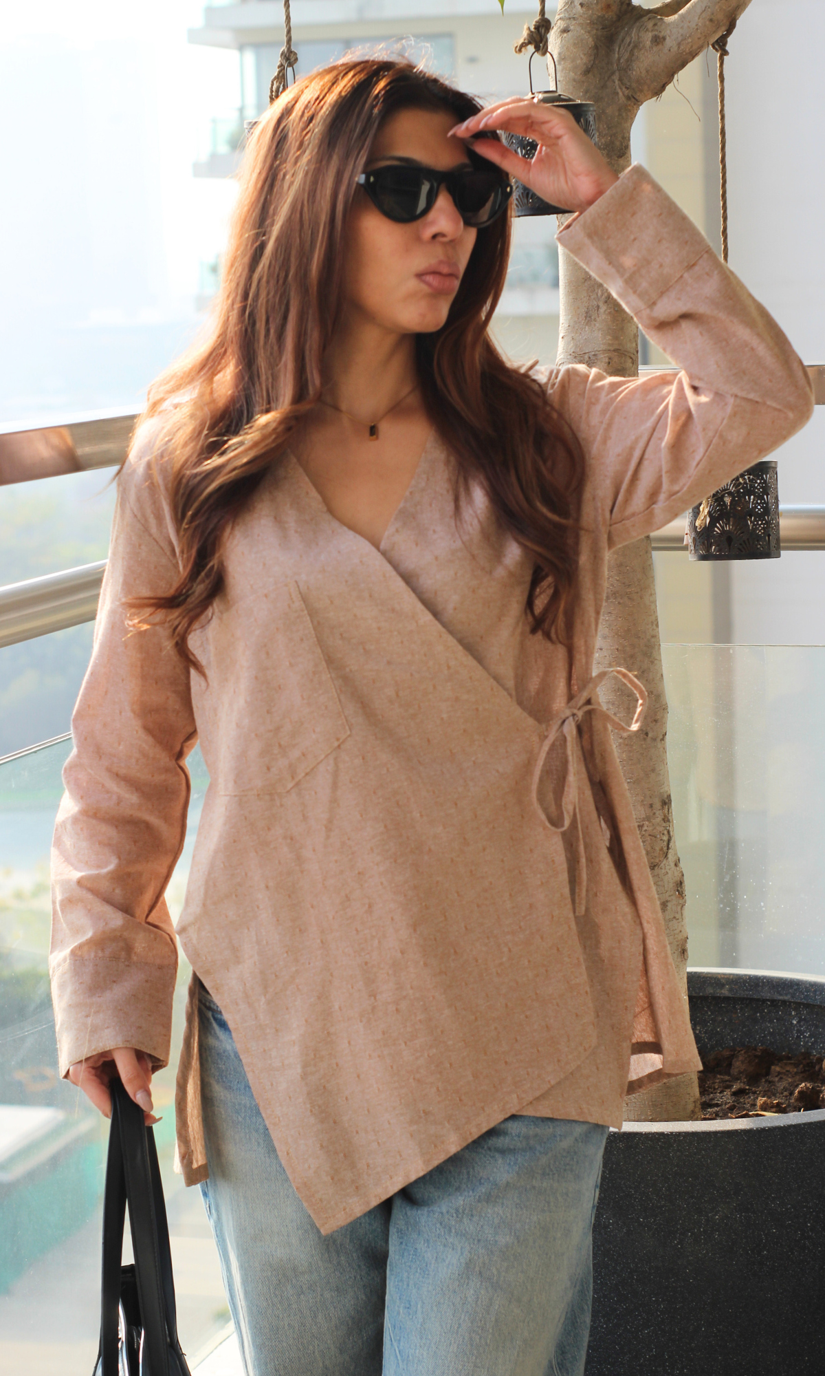 Soft Brown Weaved Cuts Detail Kimono Top