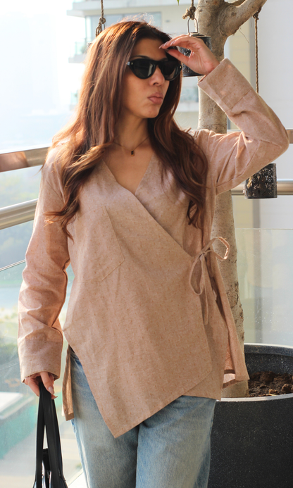 Soft Brown Weaved Cuts Detail Kimono Top