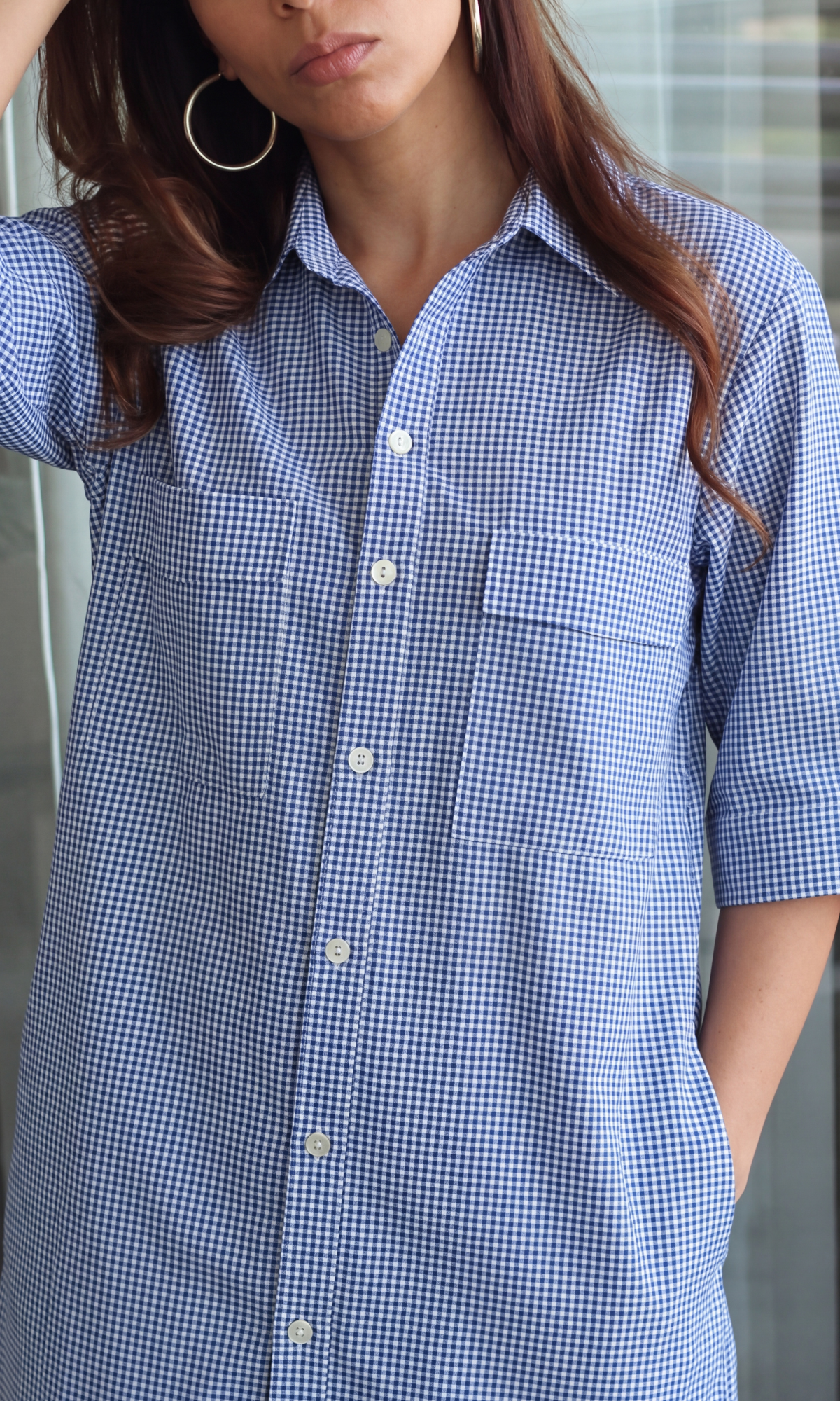 Blue Micro-Check Cotton Shirt Dress