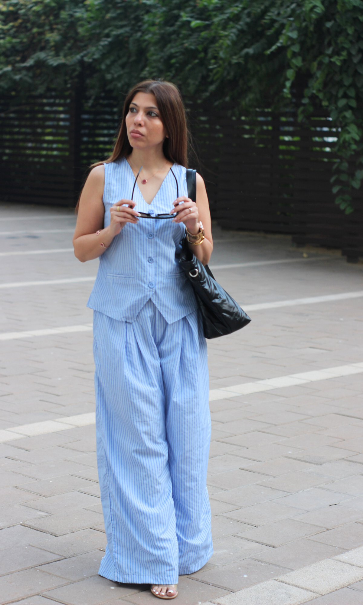 Stylish blue pinstripe two-piece set: waistcoat and wide-leg pants