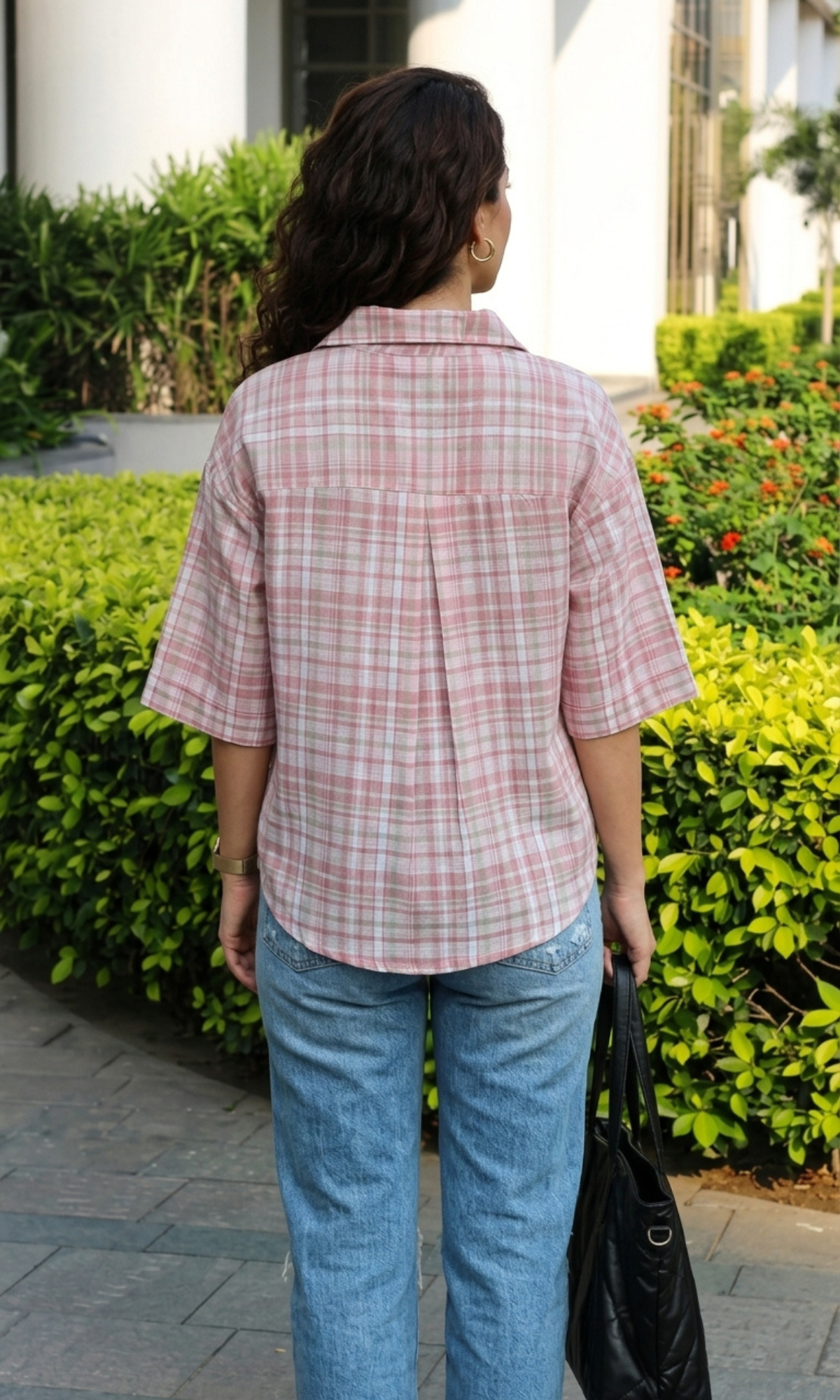 Pink Green Cotton Cropped Shirt