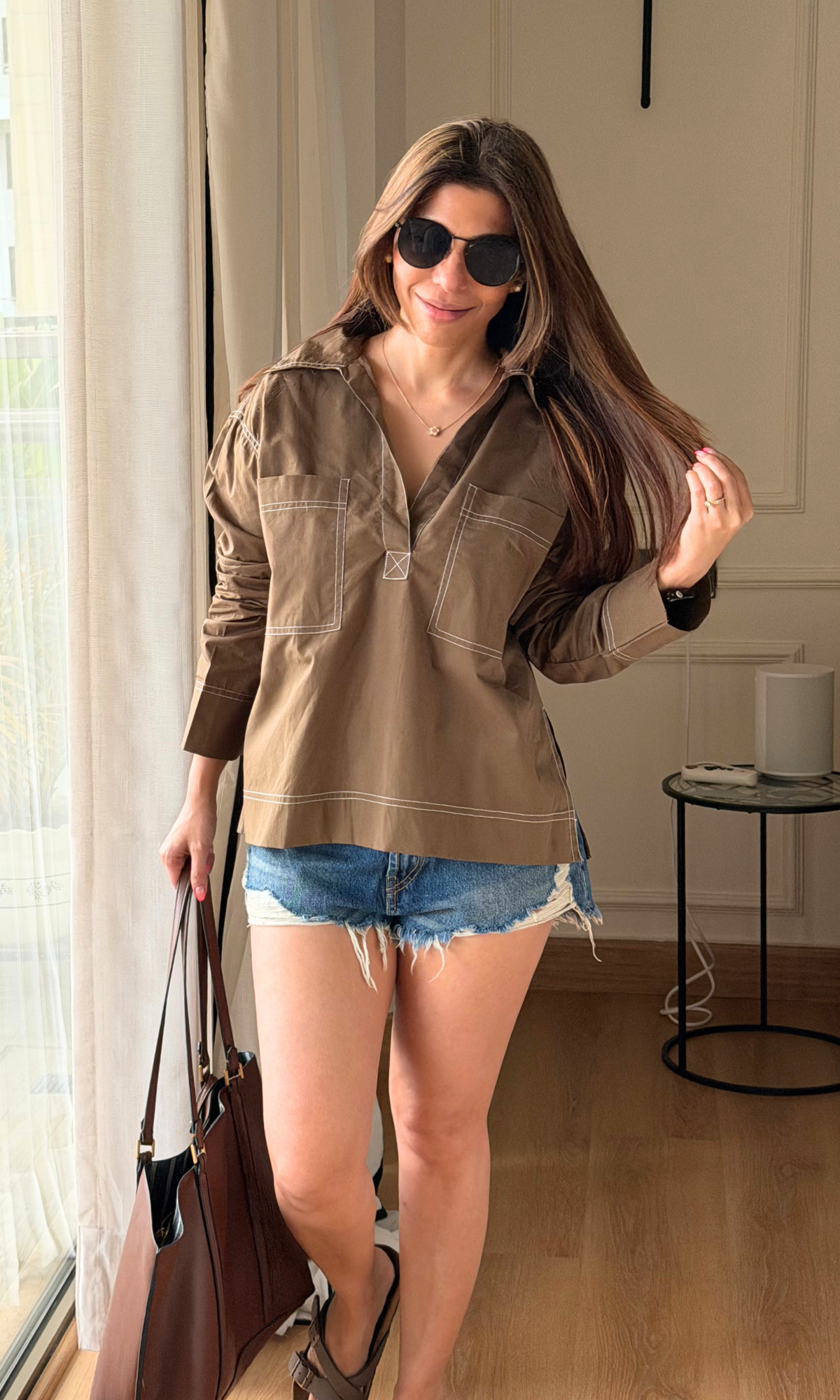 Camel Contrast Stitch Utility Pocket Top