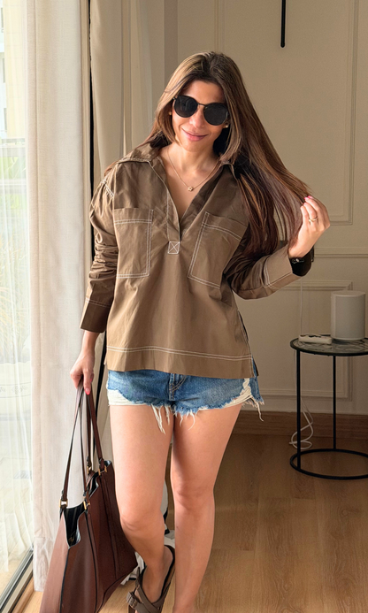 Camel Contrast Stitch Utility Pocket Top