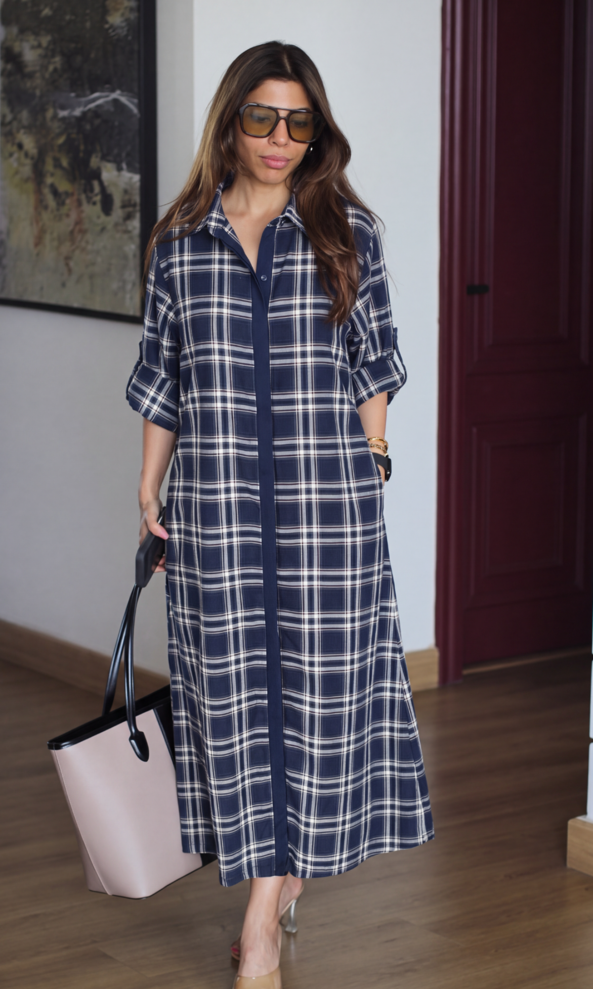 Navy Rust Plaid Contrast Shirt Dress
