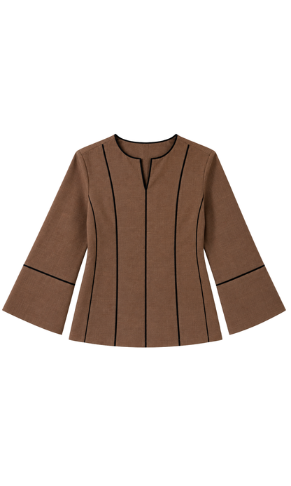 Contrast-Piped Mocha Blouse