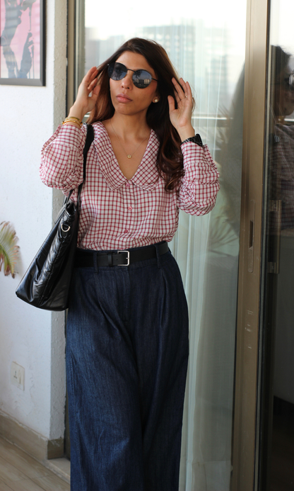 Red Gingham Peter Pan Collared Shirt