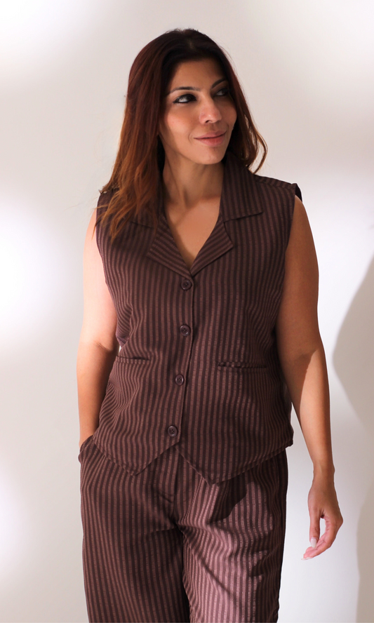 Brown Striped Collared Waist Coat and Pants