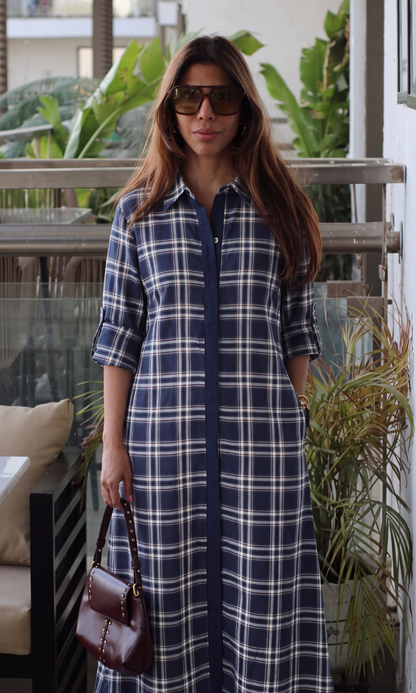 Navy Rust Plaid Contrast Shirt Dress