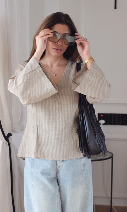 Cocoa Jute-Weave V-neck Peplum Top