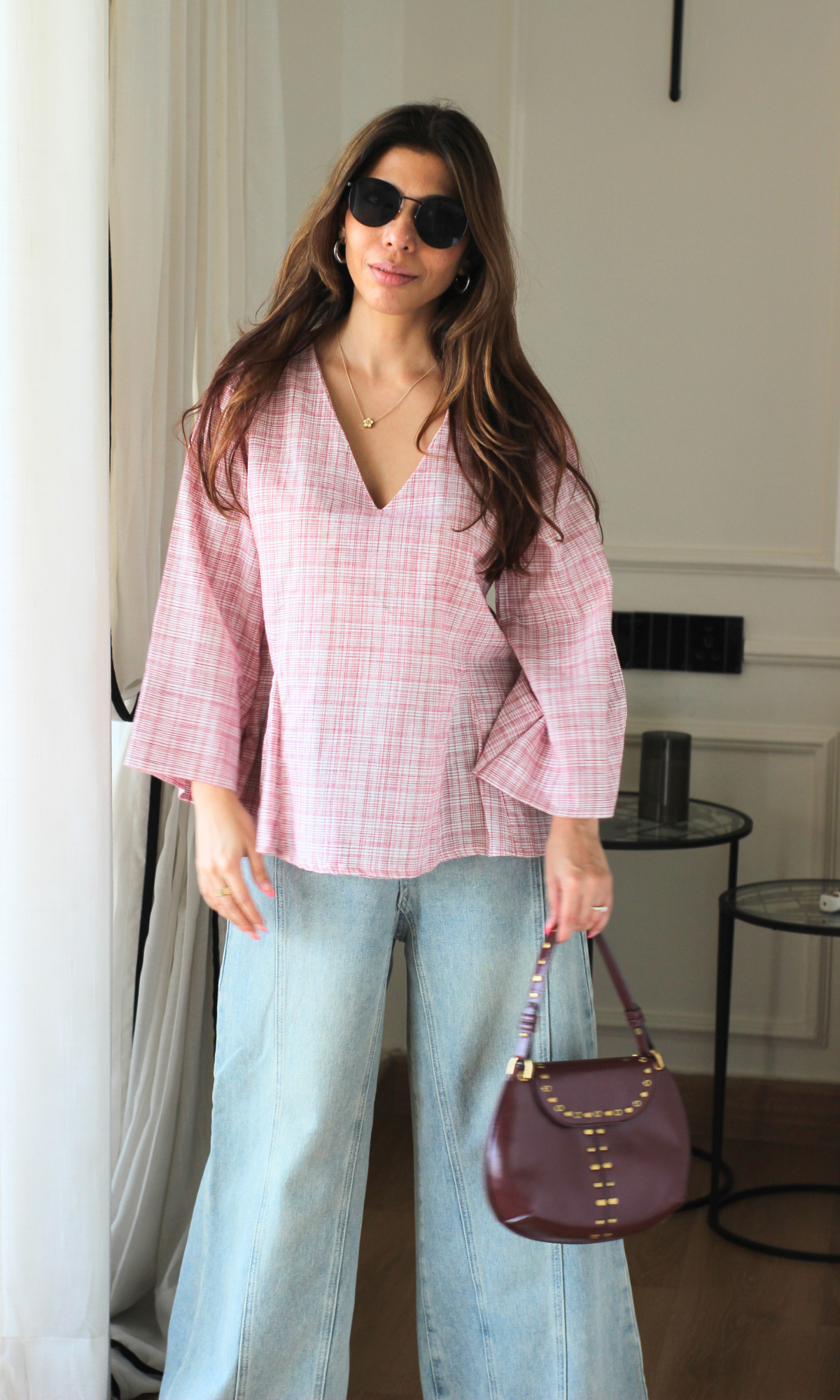 Rose Check V-Neck Peplum Top