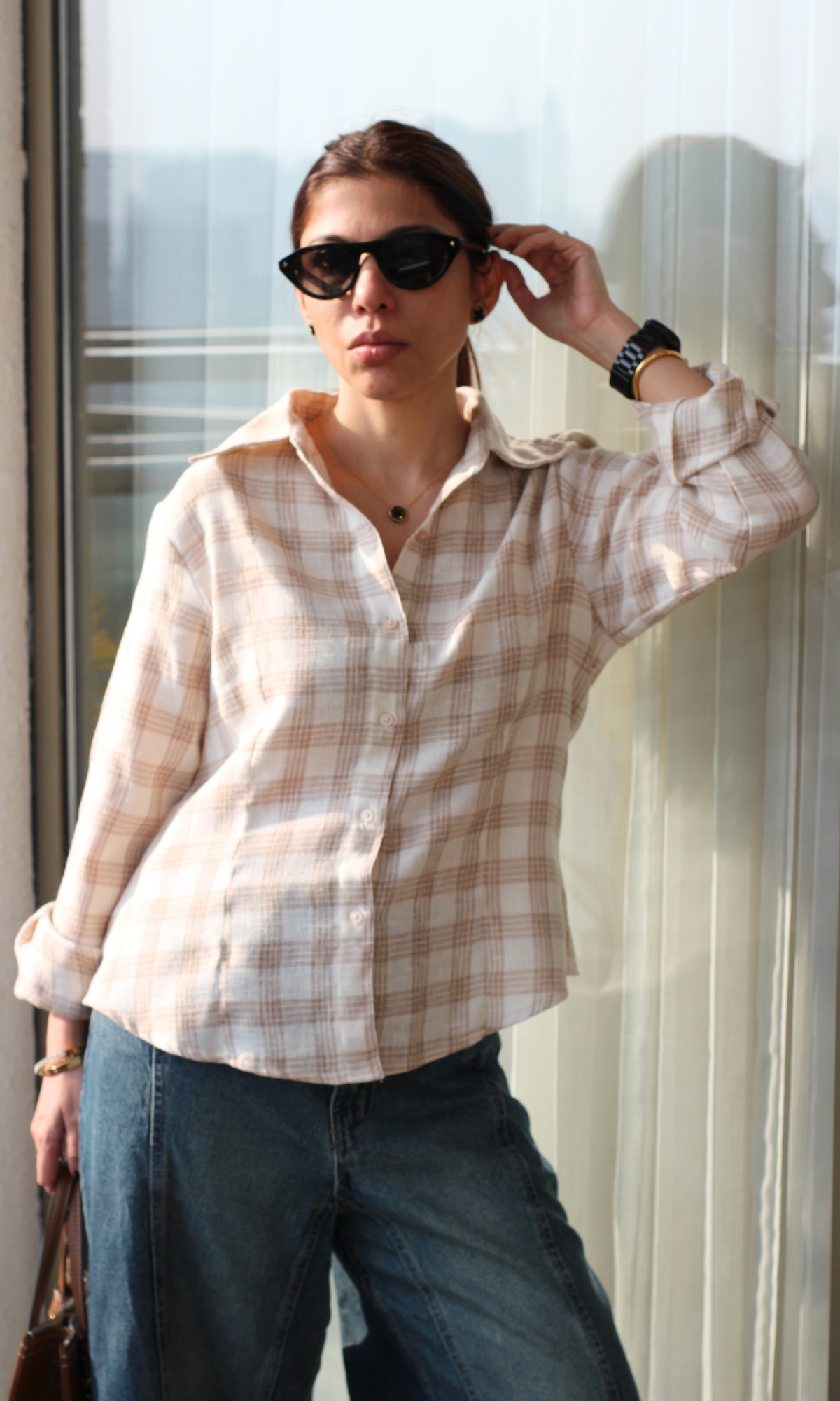 Beige-Cream Checked Peplum Shirt