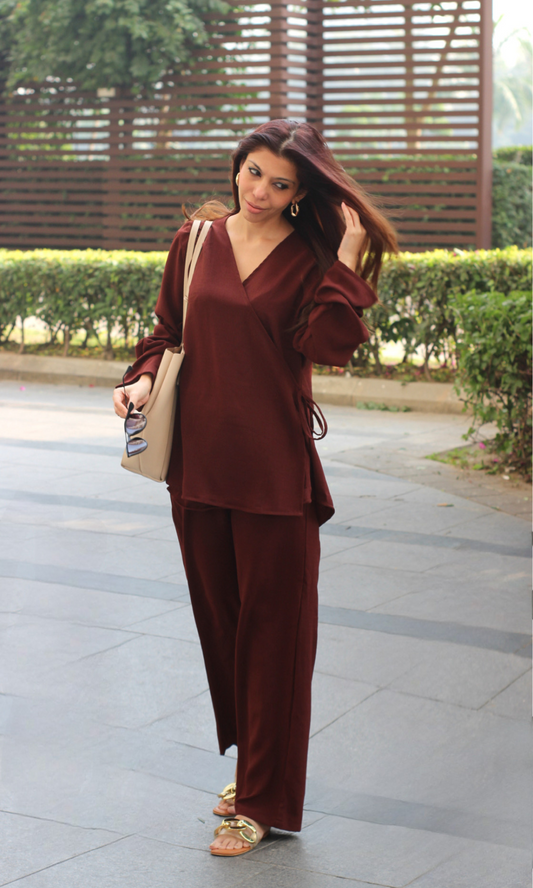 Brown Textured Tie Detail Kimono Top with Pants Co-ord