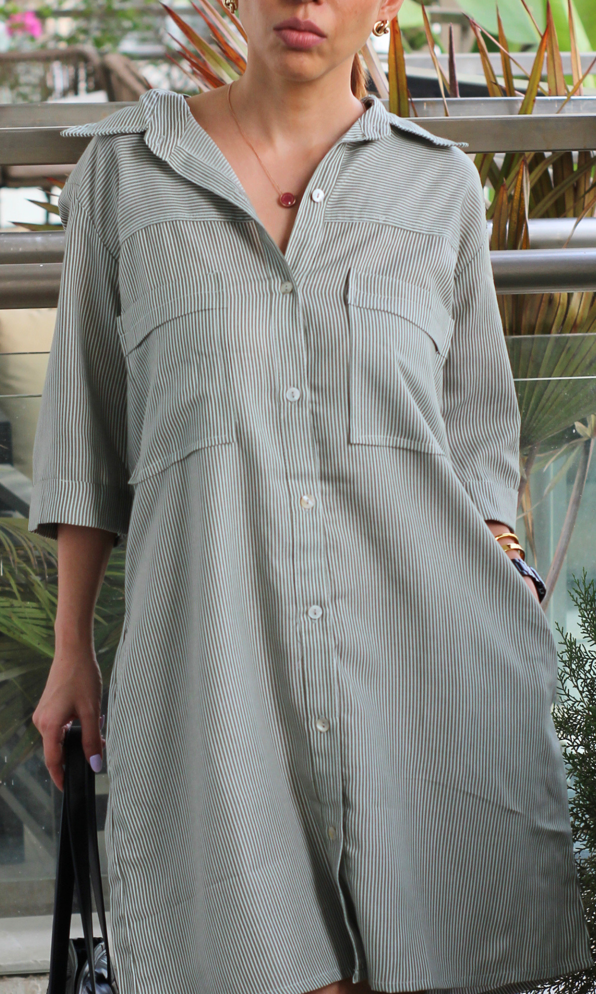 Green Stripe Cotton Shirt Dress