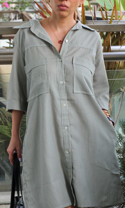 Green Stripe Cotton Shirt Dress