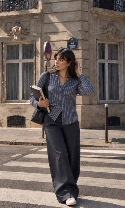 Navy Pinstripe Mandarin-Collar Shirt