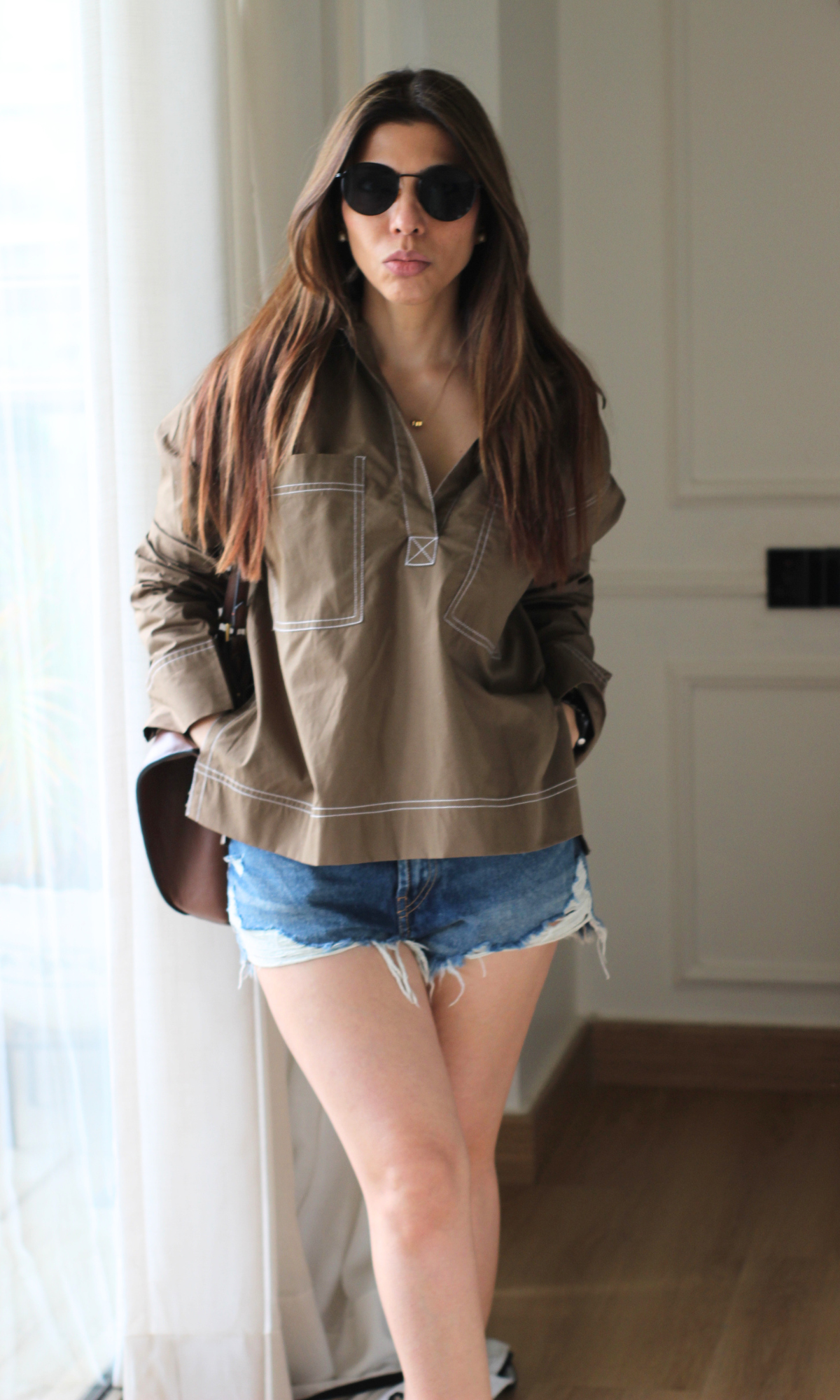 Camel Contrast Stitch Utility Pocket Top