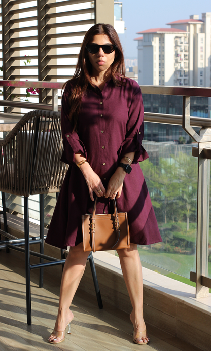 Burgundy Metallic Buttoned Shirt Dress