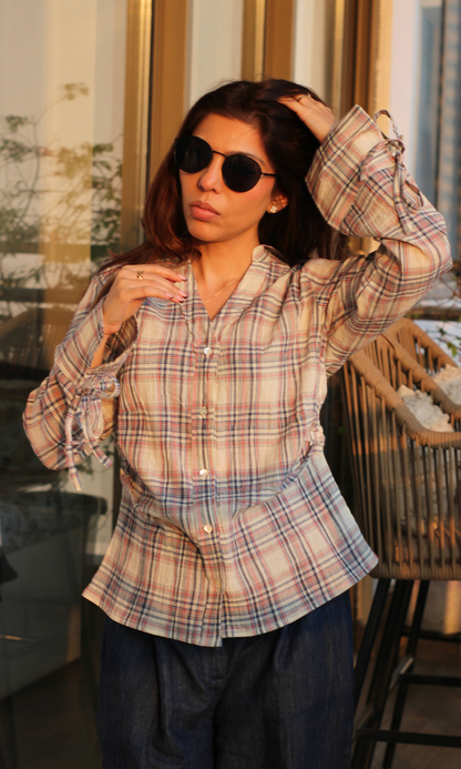 Blue-Blush Check String Detail Cotton Shirt