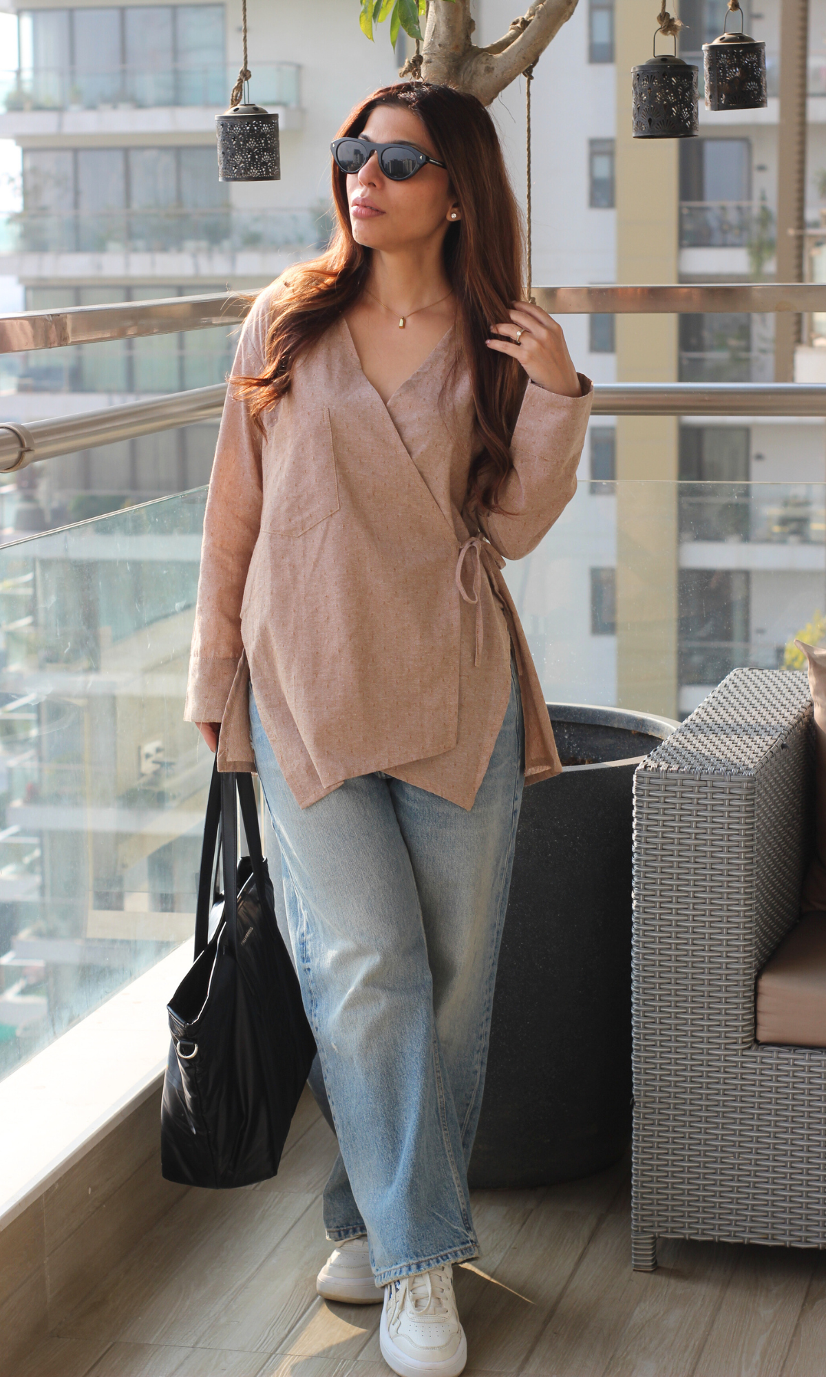 Soft Brown Weaved Cuts Detail Kimono Top