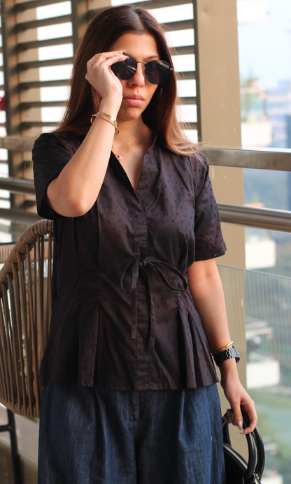 Black Dobby Tie Detail Top