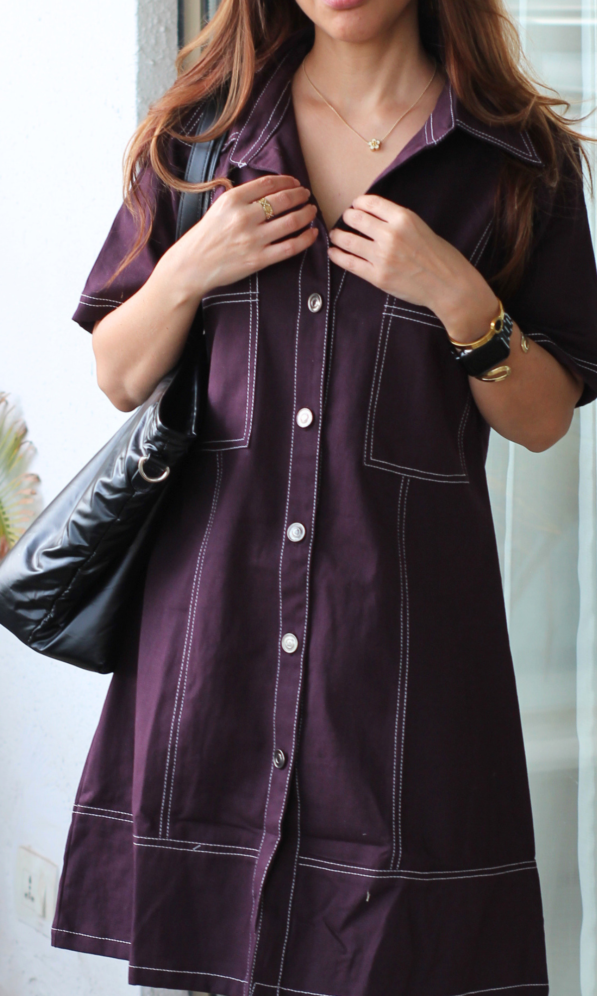 Purple Sleeved Thread Detail Dress
