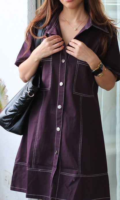 Purple Sleeved Thread Detail Dress