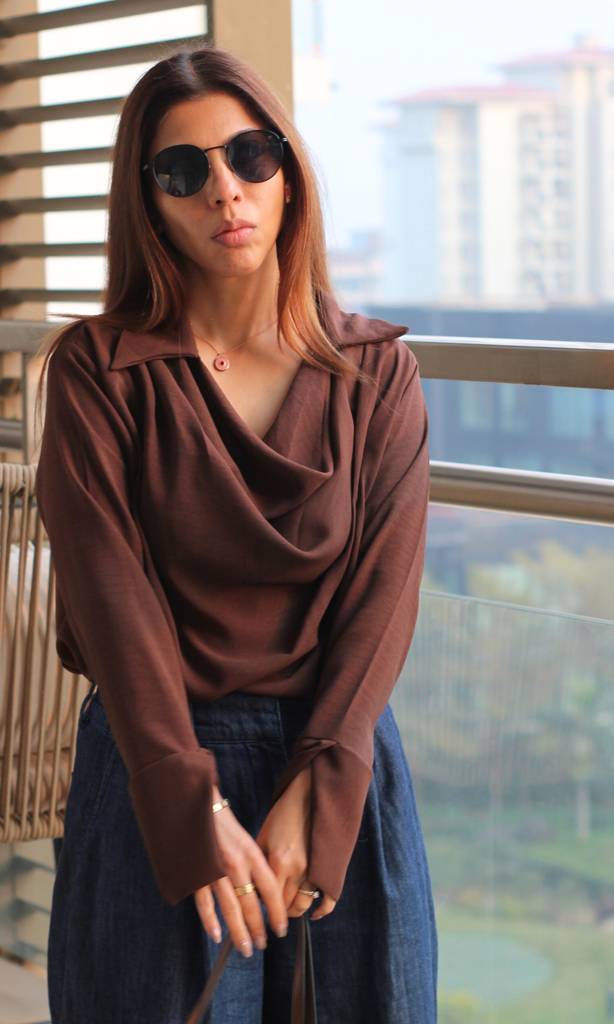 Dark Brown Collared Cowl Neck Top