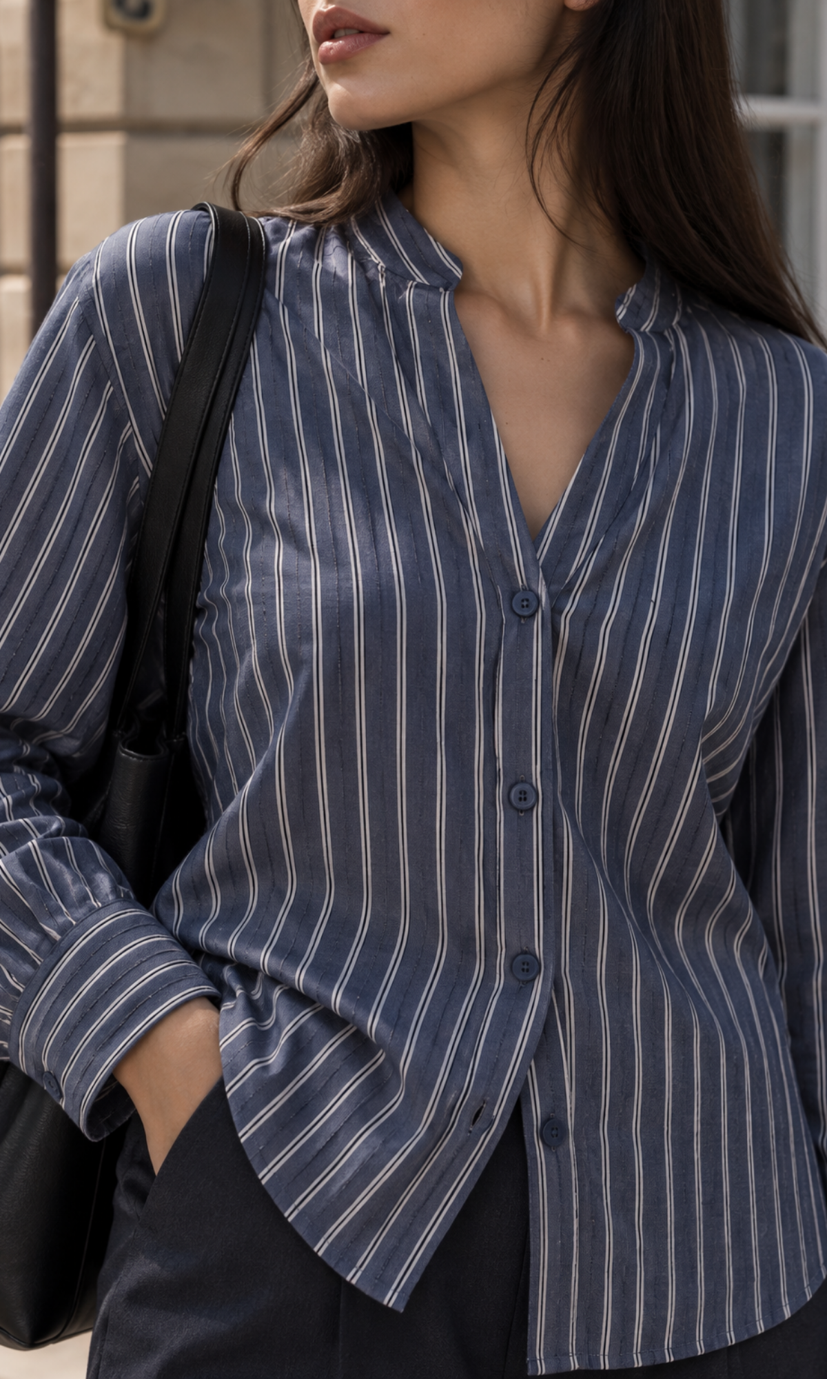 Navy Pinstripe Mandarin-Collar Shirt