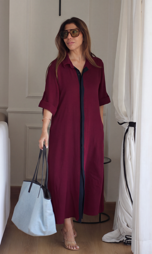 Cranberry Contrast Placket Maxi Dress