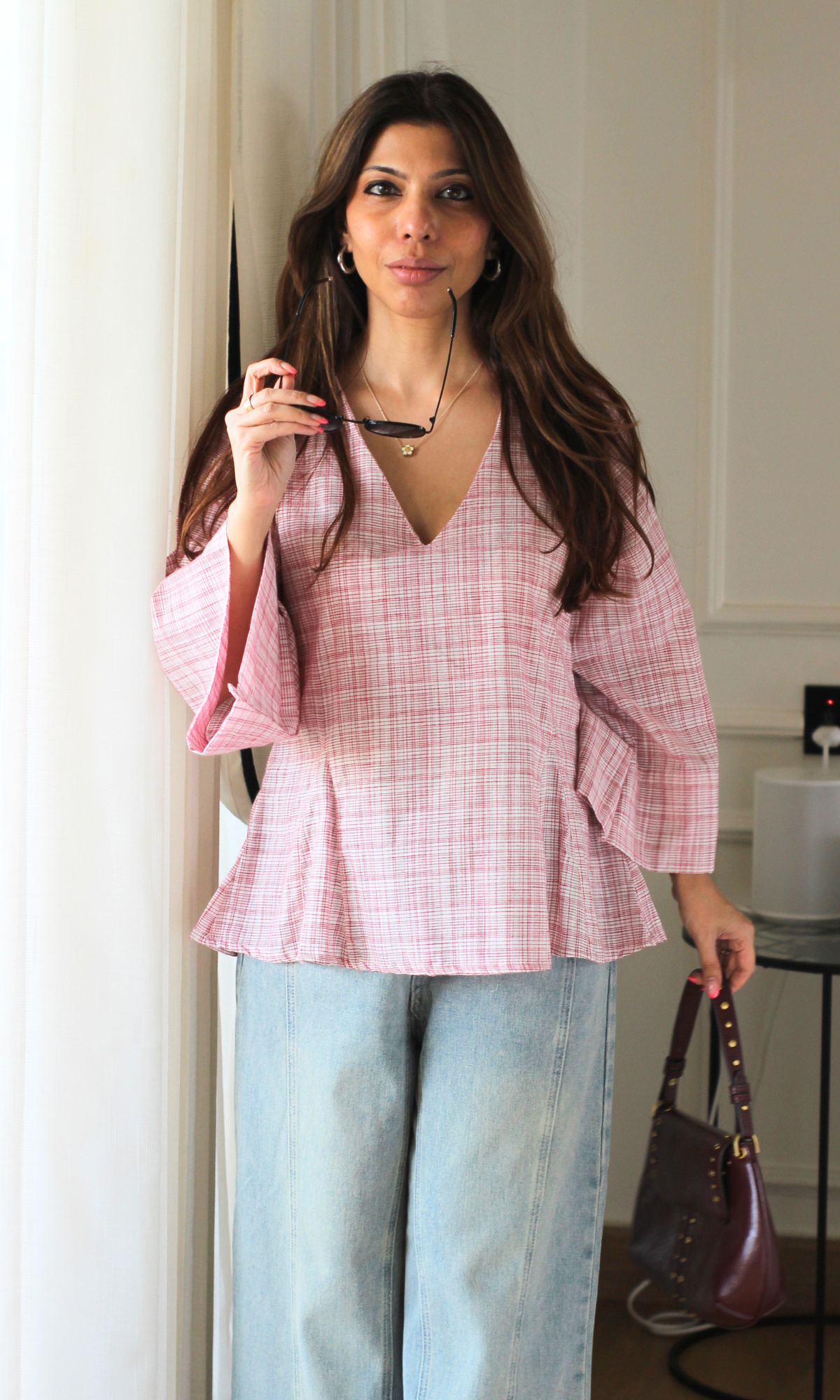 Rose Check V-Neck Peplum Top