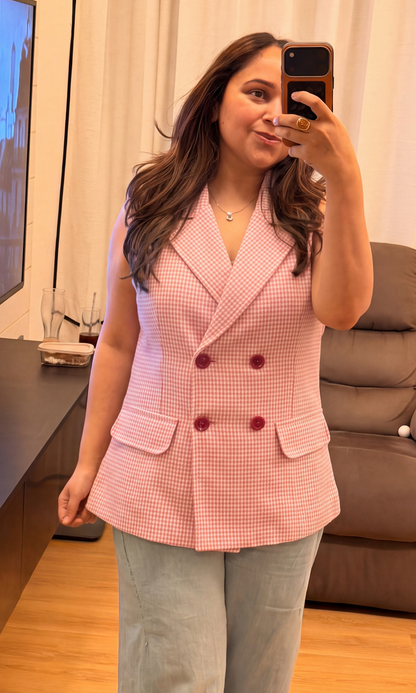 Pink Houndstooth Double Breasted Waistcoat