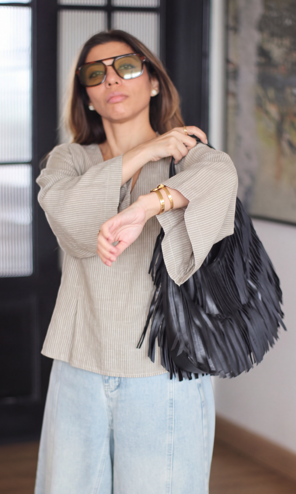 Cocoa Jute-Weave V-neck Peplum Top