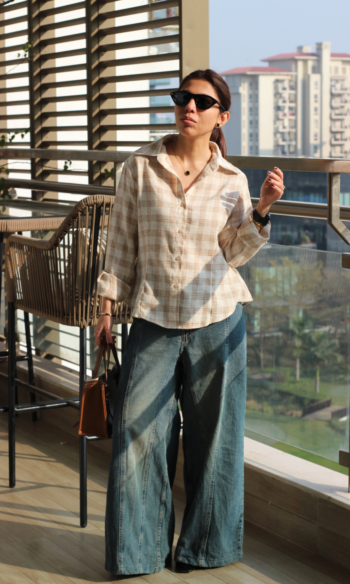 Beige-Cream Checked Peplum Shirt