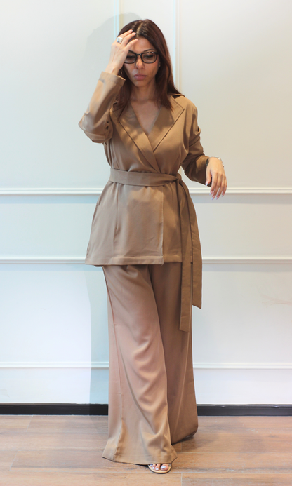 Latte Wrap Blazer Top with Flared Pants Co-ord