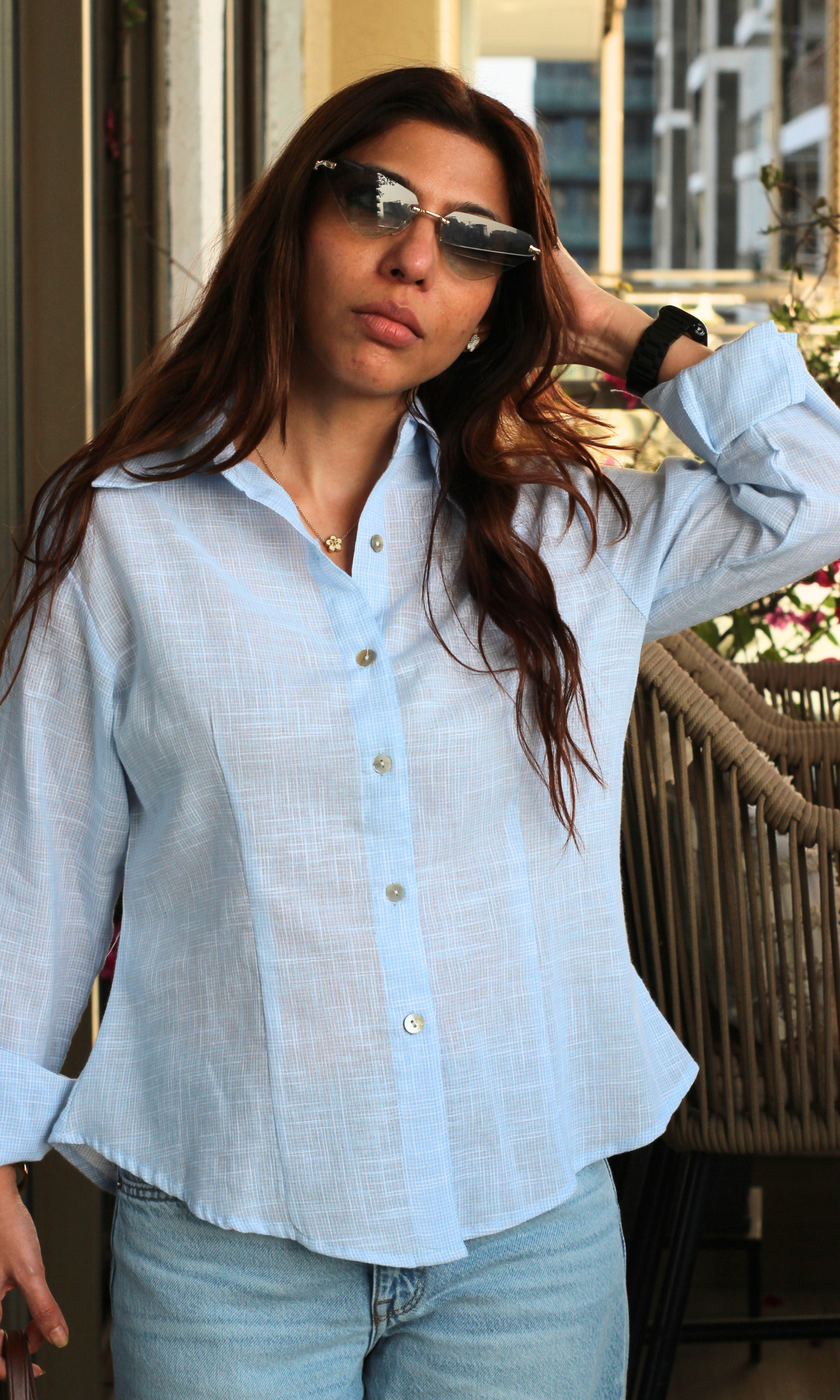 Sky Micro-Check Peplum Shirt