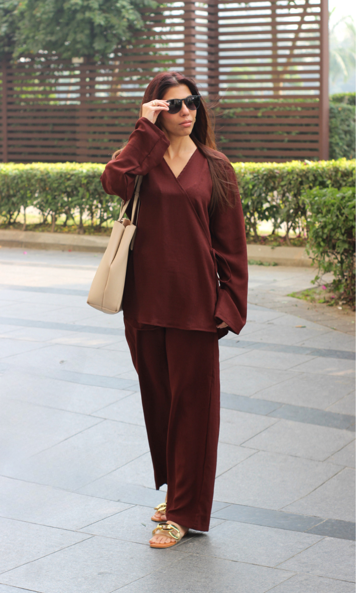 Brown Textured Tie Detail Kimono Top with Pants Co-ord