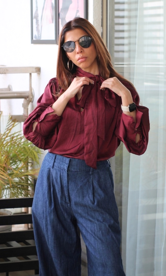 Maroon Neck Tie Detail Top