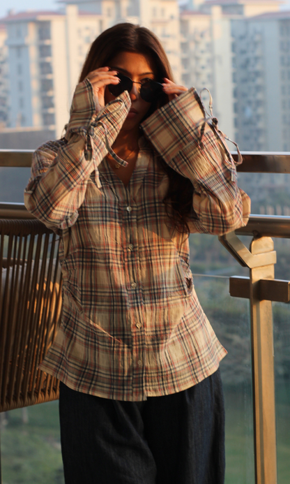 Blue-Blush Check String Detail Cotton Shirt