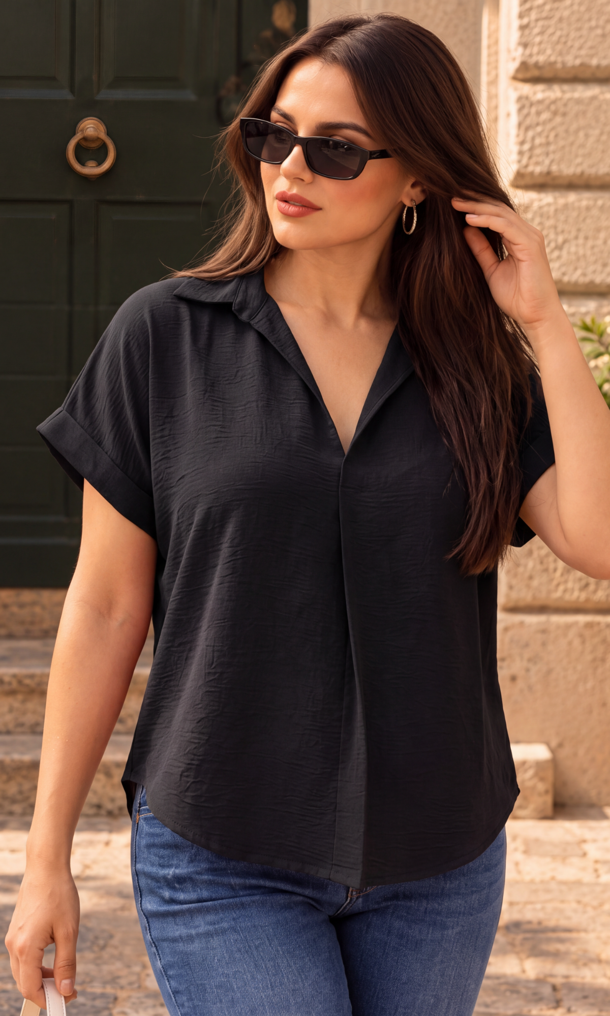 Jet Black Gathered V-Neck Top
