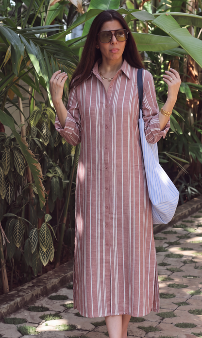 Cinnamon Stripe Maxi Shirt Dress