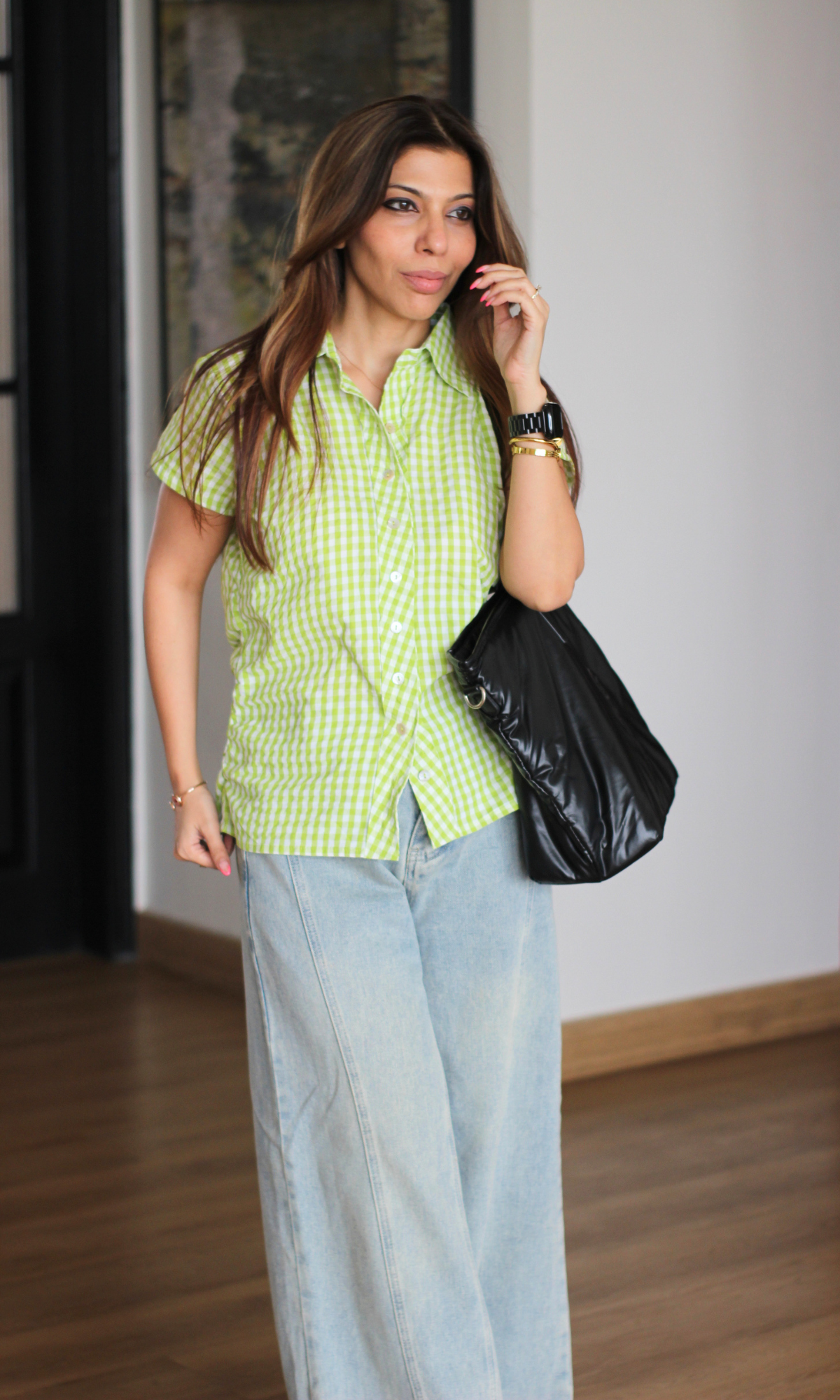 Lime Gingham Ruched Shirt