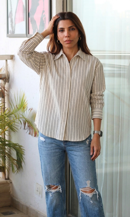 White Black Linear Textured Shirt