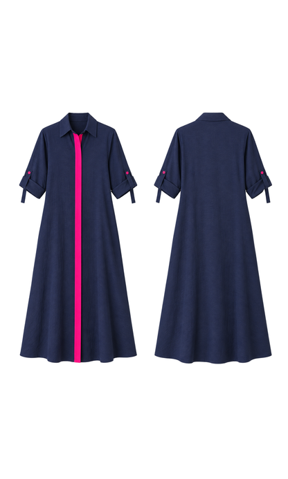Deep Navy Contrast Placket Maxi Dress