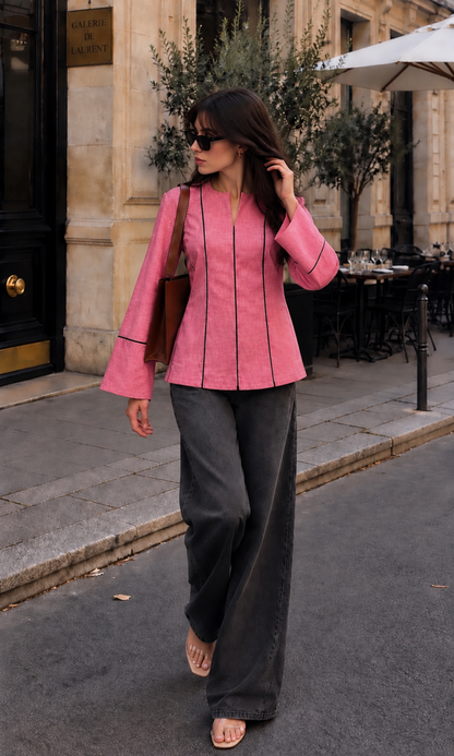 Contrast-Piped Sunset Coral Blouse