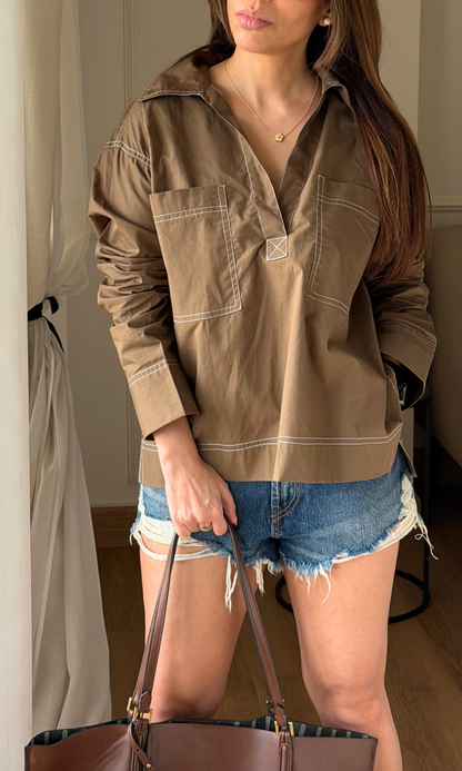 Camel Contrast Stitch Utility Pocket Top