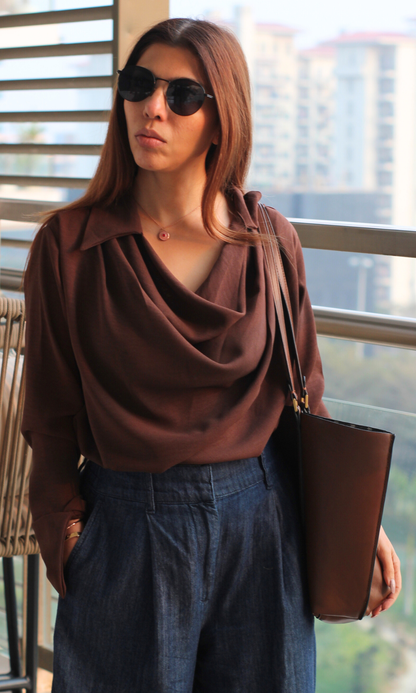 Dark Brown Collared Cowl Neck Top