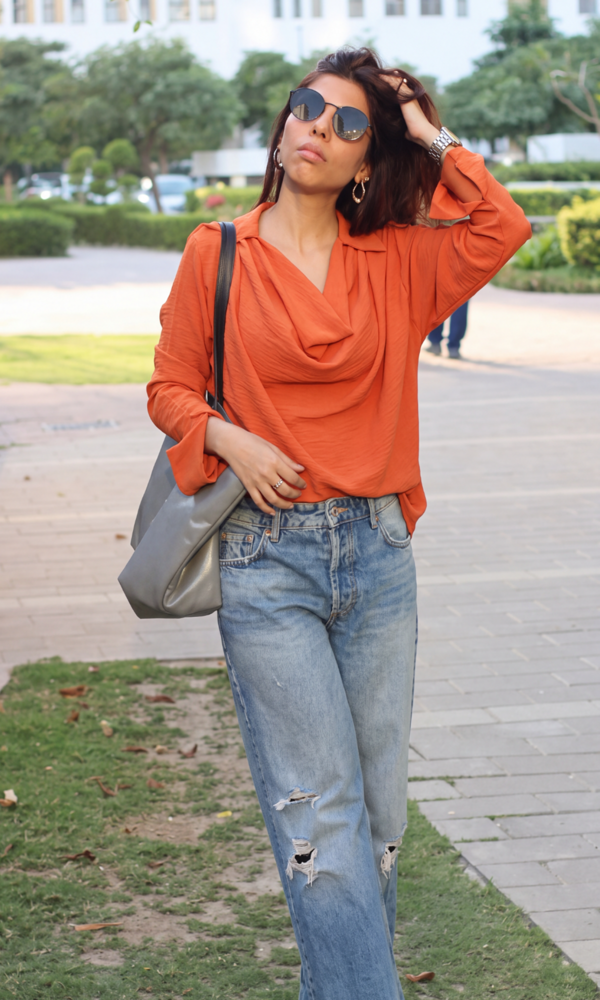 Terracotta Collared Cowl-Neck Top