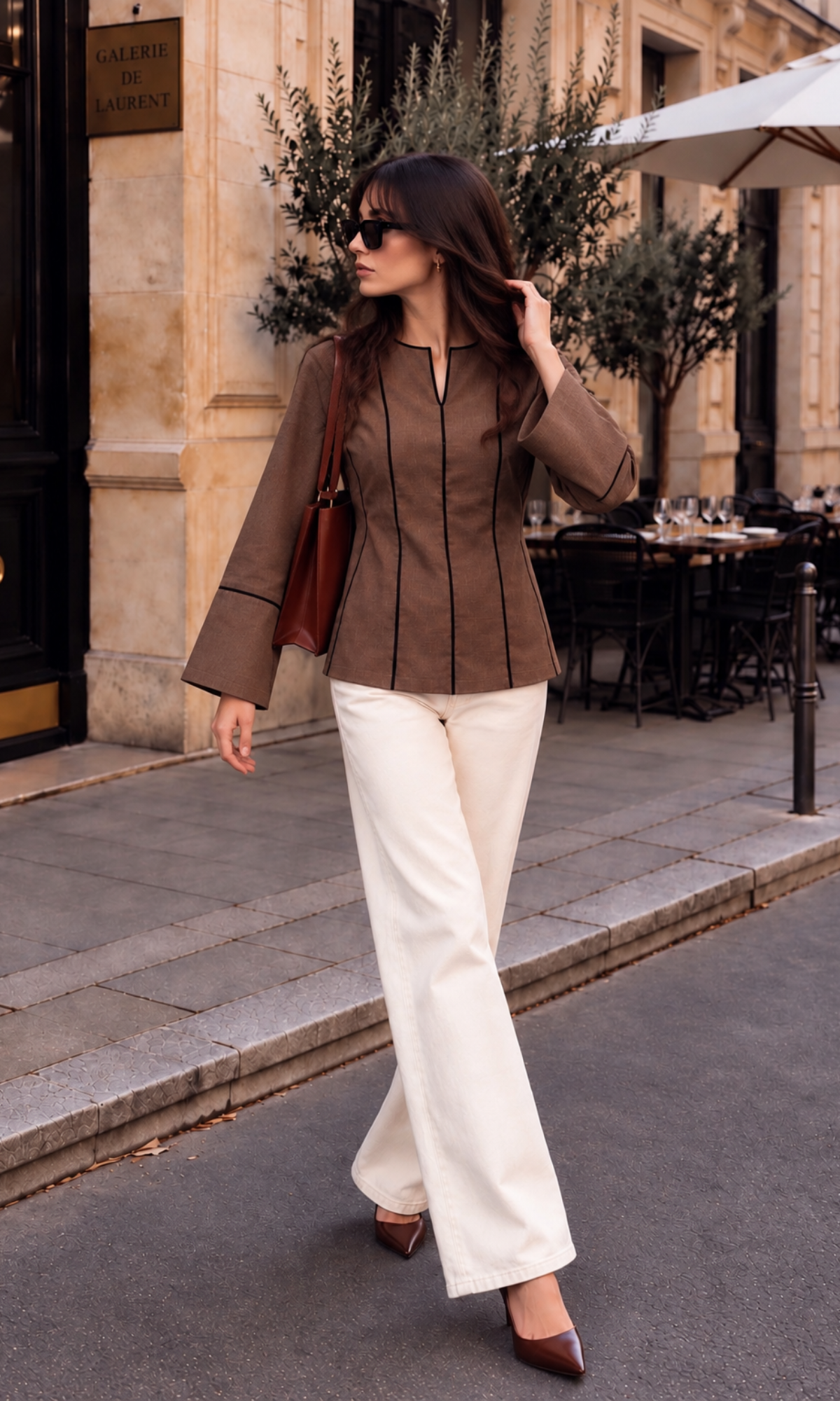 Contrast-Piped Mocha Blouse